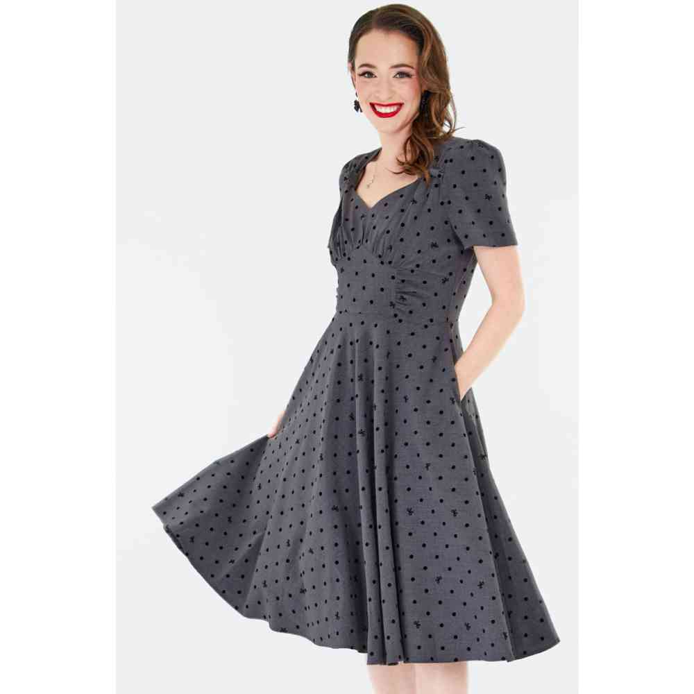 Voodoo Vixen - Polka Dot Bow Detail Flare Robe Ã©vasÃ©e - Gris